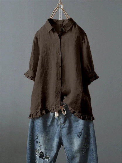 Solid Casual 3/4 Sleeve Turn-down Collar Tops