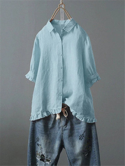 Solid Casual 3/4 Sleeve Turn-down Collar Tops